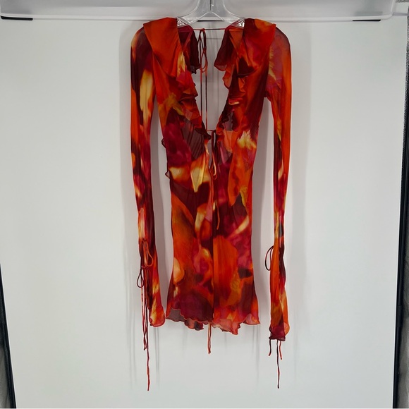 Rat & Boa Dali Red Watercolor Ruffle Tie Front Sheer Low Back Mini Dress XS - Picture 6 of 15